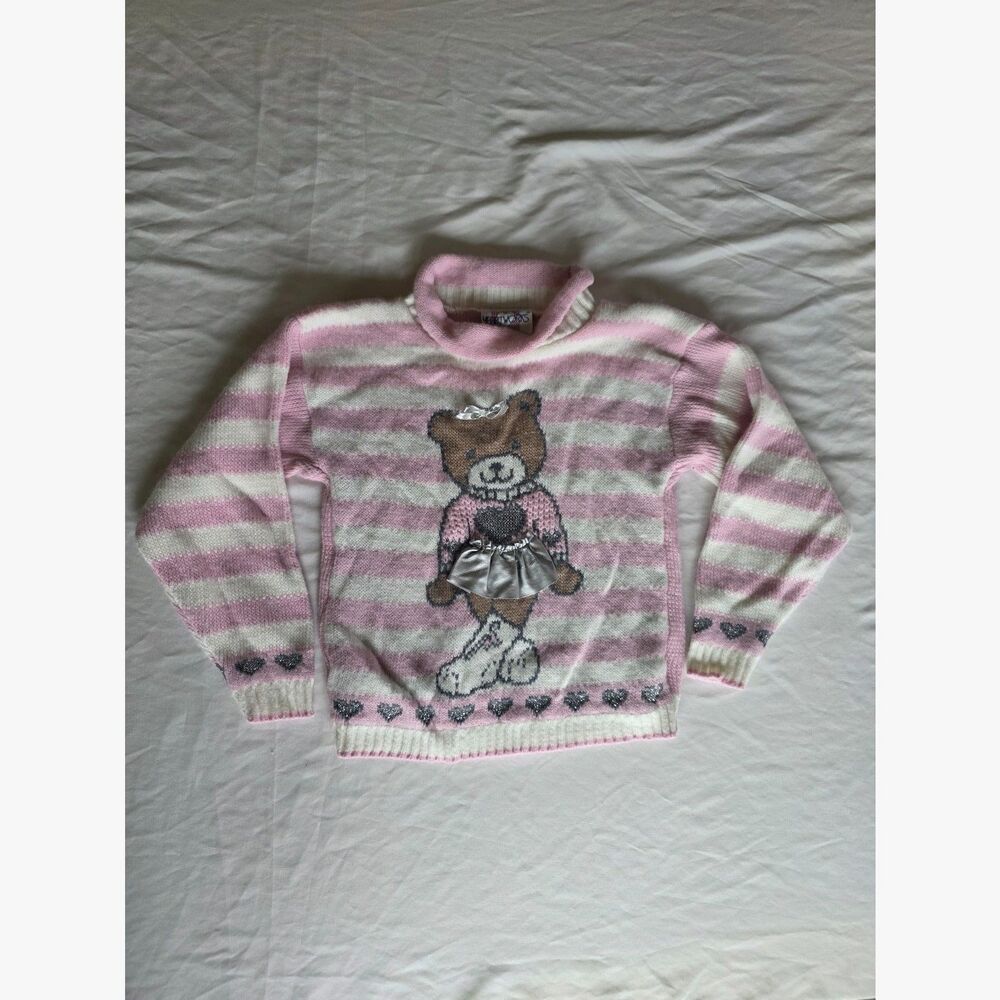 Vintage Heartworks Kids Pink & White Teddy Bear Sweater size M 5/6